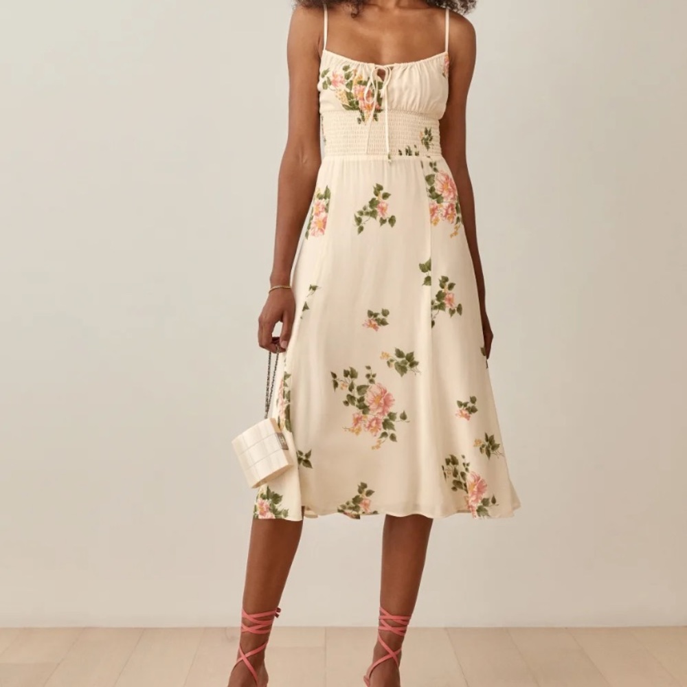 Reformation Bran floral Marcona smocked waist cream midi dress - Picture 1 of 8